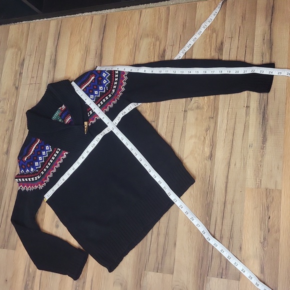 LAUREN RALPH LAUREN Black Red Blue Cotton Toggle V-neck Fair Isle Sweater - Picture 7 of 9